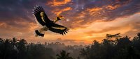 Majestic eagle soaring over tropical rainforest canopy at golden sunset with dramatic orange clouds and silhouetted palm trees creating stunning wildlife scene.