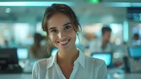 Young Caucasian businesswoman with bright smile wearing white shirt in modern office environment with blurred background and teal lighting. Professional corporate portrait.