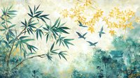 Serene watercolor composition featuring bamboo leaves, flying birds and golden flowers against misty turquoise background. Asian art style landscape for wall decor and textile design.