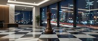 A wooden chess piece stands on a checkered floor in a modern high-rise interior with floor-to-ceiling windows overlooking a glowing cityscape at night, suitable for business strategy and corporate concepts.