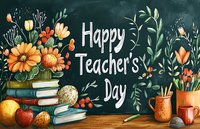 Festive Teacher's Day greeting card design with stacked books, orange gerbera flowers, apples, and botanical elements against dark green chalkboard background.