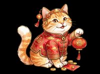 Ginger cat wearing traditional red and gold Chinese garment holding lantern and coins, isolated on transparent background. Ready for t-shirt design, stickers, clipart, print-on-demand products and sublimation projects.