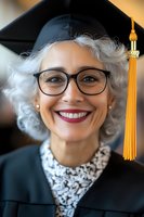 Senior woman with silver hair wearing graduation cap and gown, smiling with glasses and pearl earrings. Perfect for education, achievement, and lifelong learning concepts.