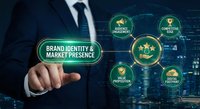 Professional businessman touching brand identity and market presence digital interface with connected business strategy icons on dark technology background.