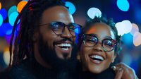 Happy African American couple with dreadlocks and glasses smiling together against colorful bokeh lights background for lifestyle and relationship content.