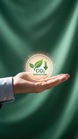 Hand holding glowing CO2 reduction symbol with green leaves and downward arrow on blurred green background for environmental sustainability concepts.