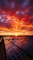 Solar panel array at sunset with dramatic orange and red sky, reflecting vibrant light across photovoltaic cells for renewable energy and sustainable power generation concepts.