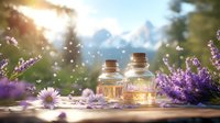 Glowing glass bottles with essential oil among lavender flowers and daisies at sunset in mountain landscape, magical aromatherapy concept with bokeh lights.