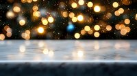 Glowing golden bokeh lights on dark background with reflective surface, creating magical atmospheric effect for festive or celebration designs.