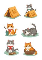 Cartoon cats in various playful scenes including camping tent, fishing, and relaxing poses. Isolated clipart set on white background, ready for children's designs, stickers, and merchandise applications.