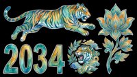 Striped tiger in leaping pose with decorative lotus flower, ornamental numbers 2034, and floral medallion. Isolated on transparent background, ready for t-shirts, stickers, clipart, sublimation and print-on-demand designs.
