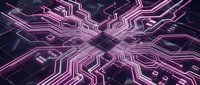 Futuristic purple circuit board with glowing neon pathways and electronic components creating high-tech digital network pattern for technology designs.