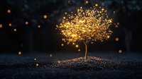 Magical glowing tree with golden sparkles and light particles against dark background, creating mystical atmosphere for fantasy and fairy tale designs.