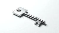 Metallic skeleton key with square head and circular detail on white background, isolated for design use on merchandise, graphics, and digital projects.