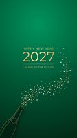 Happy New Year 2027 greeting card with champagne bottle and golden particles on emerald background. Celebrate new beginnings and festive occasions.