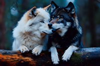 Two wolves, white and black, resting together on fallen log in forest setting with dark moody atmosphere. Close-up portrait showing intimate bonding moment between pack members.