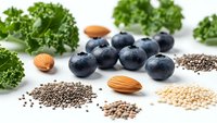 Fresh blueberries with kale, almonds, chia seeds and quinoa arranged on white background. Healthy superfood ingredients for nutritious meals and wellness lifestyle.