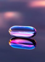 Futuristic metallic pill capsule with iridescent blue and pink gradient surface reflecting text, floating against dark purple background with mirror reflection.