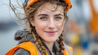 Young female construction worker with braided hair wearing orange hard hat and safety vest smiling at camera on building site with equipment in background.