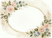 Oval frame with blush roses, eucalyptus leaves, and gold border on cream background. Suitable for wedding invitations, greeting cards, and stationery designs.