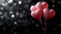 Red heart-shaped balloons floating against dark bokeh background with glowing light effects, romantic Valentine's Day celebration concept for greeting cards and social media.