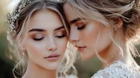 Two blonde Caucasian women in white lace wedding dresses with romantic makeup and floral hair accessories pose close together in soft natural lighting, eyes closed peacefully.