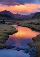 Dramatic sunset illuminates winding river through mountain valley, with small cabin and rocky peaks silhouetted against vibrant orange and purple sky.