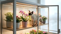 Siamese cat sitting in modern indoor greenhouse with blooming orchids and potted plants on illuminated shelves for home gardening and pet lifestyle.