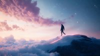Silhouette of person levitating above mountain peak at sunset, dramatic pink and purple sky with stars, dreamy surreal atmosphere for spiritual concepts.