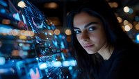Young woman with dark hair analyzing digital interface with glowing blue data visualizations against bokeh background in dark environment.