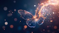 Magical glowing butterfly with sparkles and light effects on dark blue background. Luminous wings create ethereal atmosphere with bokeh particles.