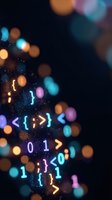 Abstract digital code numbers and symbols floating with colorful bokeh lights on dark background for technology programming web design projects.