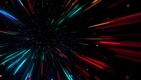 Colorful light streaks radiating from center creating dynamic motion effect against dark background, simulating high-speed travel through space.