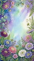 Watercolor floral border with purple, pink, and blue blooms, ferns, and green leaves framing a soft pastel background with copy space.