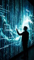 Male silhouette interacting with glowing blue digital data streams and code matrix in futuristic virtual reality environment for technology concepts.