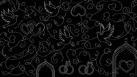 Romantic wedding line art pattern with doves, hearts, rings and decorative elements on black background. Seamless design for invitations and decor.