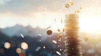 Stack of golden coins falling and floating against blurred mountain landscape at sunset, symbolizing wealth, financial growth and investment success.
