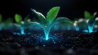 Young green plant seedling growing from soil with magical glowing blue light and sparkles, nature growth concept for environmental conservation and sustainability.