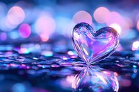 Crystal heart on reflective surface with pink and blue bokeh lights creating romantic atmosphere, perfect for Valentine's Day designs and love themes.