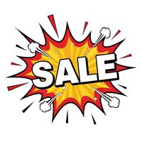 Comic book style sale explosion burst with bold lettering on white background for retail marketing and promotional campaigns.