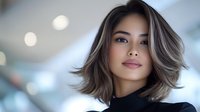 Young Asian woman with highlighted bob hairstyle and natural makeup looking confidently at camera against blurred background with bokeh lights. Professional beauty portrait.