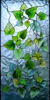 Stained glass window pattern with green leaves and branches on textured blue background. Decorative nature-inspired design for doors and panels.