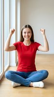 Happy young Caucasian woman in red shirt celebrating success with raised fists while sitting cross-legged on wooden floor near window at home.