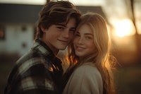 Young Caucasian couple embracing outdoors at golden sunset, woman with blonde hair and man in plaid shirt sharing intimate romantic moment with genuine smiles.