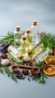 Natural essential oils in glass bottles with cork stoppers surrounded by fresh herbs, spices, dried citrus and aromatherapy ingredients for wellness and spa treatments.