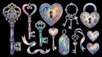 Watercolor heart keys and padlocks clipart set, isolated on transparent background. Great for Valentine stickers, t-shirt design, print on demand, and sublimation crafts.