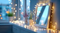 Empty mirror frame with fairy lights on dresser creating cozy atmosphere with bokeh background and decorative elements for home decor.