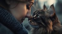 Young Asian woman in cozy sweater sharing tender moment with fluffy gray Maine Coon cat, close-up portrait in soft moody lighting showing emotional bond.