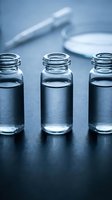 Three empty glass vials arranged on laboratory surface with blurred scientific equipment in background for pharmaceutical research and medical testing.