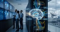 Business professionals analyzing artificial intelligence brain hologram in modern data center with digital displays and neural network visualization.